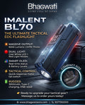 Bhagwati IMALENT BL70 Tactical EDC flashlight with black body, compact design, and LED lens for outdoor and tactical use.