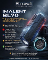 Bhagwati IMALENT BL70 Tactical EDC flashlight with black body, compact design, and LED lens for outdoor and tactical use.