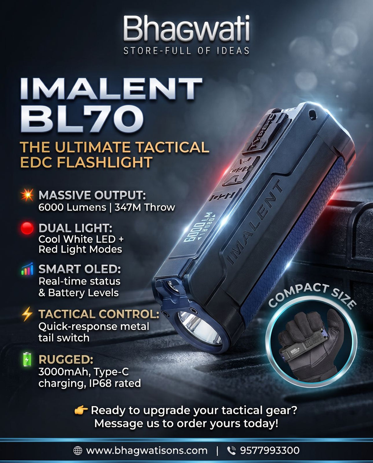 Bhagwati IMALENT BL70 Tactical EDC flashlight with black body, compact design, and LED lens for outdoor and tactical use.