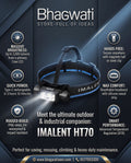 Bhagwati IMALENT HT70 rechargeable LED headlamp with adjustable strap and bright front light for outdoor activities and outdoor adventures.