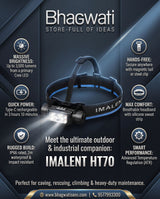 Bhagwati IMALENT HT70 rechargeable LED headlamp with adjustable strap and bright front light for outdoor activities and outdoor adventures.