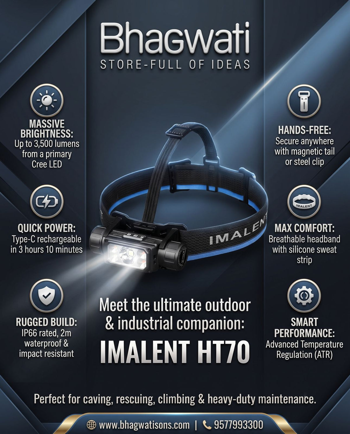 Bhagwati IMALENT HT70 rechargeable LED headlamp with adjustable strap and bright front light for outdoor activities and outdoor adventures.