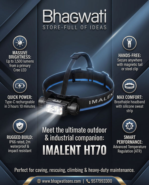 Bhagwati IMALENT HT70 rechargeable LED headlamp with adjustable strap and bright front light for outdoor activities and outdoor adventures.