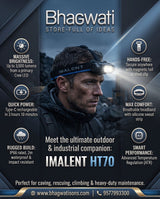 Bhagwati IMALENT HT70 rechargeable LED headlamp with adjustable straps and bright illumination for outdoor activities.