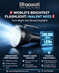 Bhagwati IMALENT MS32 200,000 lumen searchlight flashlight with large cylindrical body and adjustable focus in a dark environment