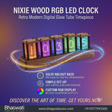 Bhagwati Nixie Wood RGB LED clock with retro glow tube design, showcasing a modern wooden frame and vibrant digital time display.