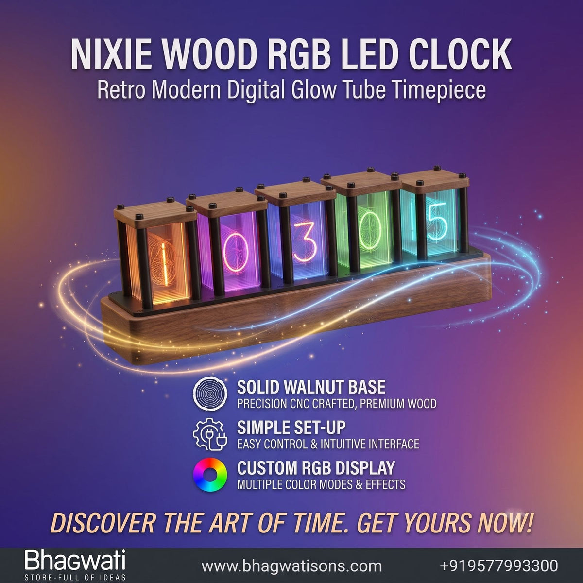 Nixie Wood RGB LED Clock Retro Glow Tube Timepiece