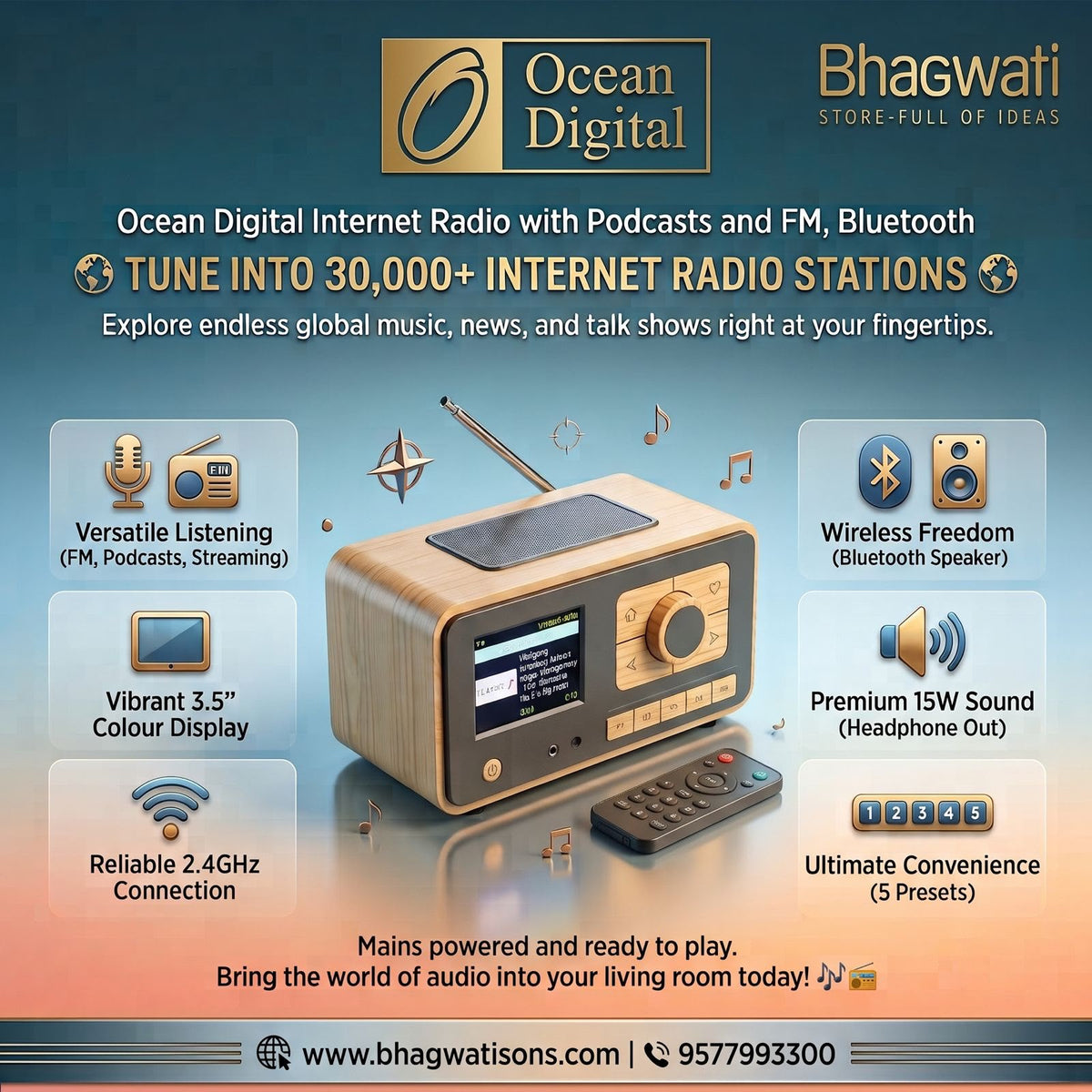 Ocean Digital Internet Radio with FM, Podcasts and Bluetooth