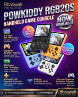 Bhagwati PowKiddy RGB20S handheld retro game console with colorful display and classic game controls in a close-up shot.