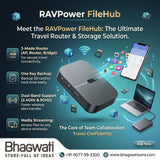 RAVPower FileHub travel router and wireless storage hub in black with USB ports and compact design for portable file sharing.