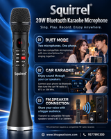 A promotional graphic for a Squirrel 20W Bluetooth karaoke microphone. The left side shows the black and silver microphone with touch controls.