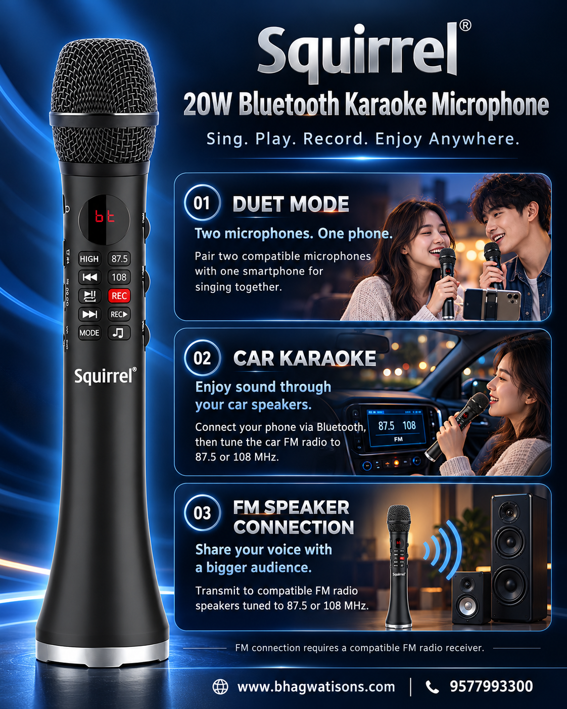 A promotional graphic for a Squirrel 20W Bluetooth karaoke microphone. The left side shows the black and silver microphone with touch controls.