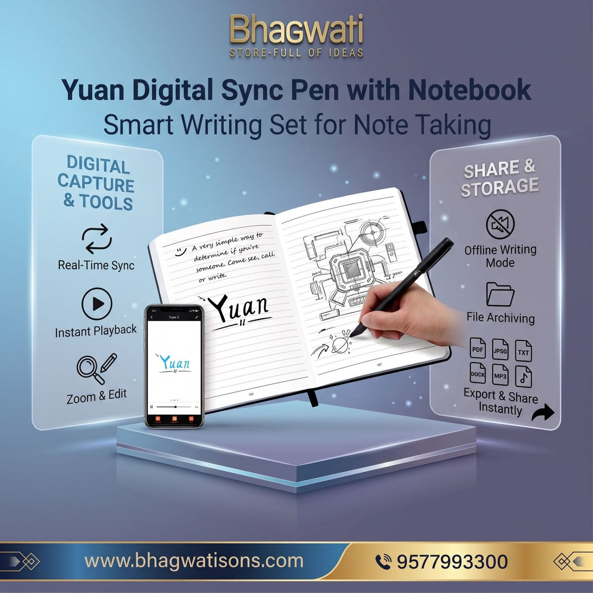 Bhagwati Yuan Digital Sync Pen with notebook in a smart writing set, featuring digital pen and paper for seamless note-taking.