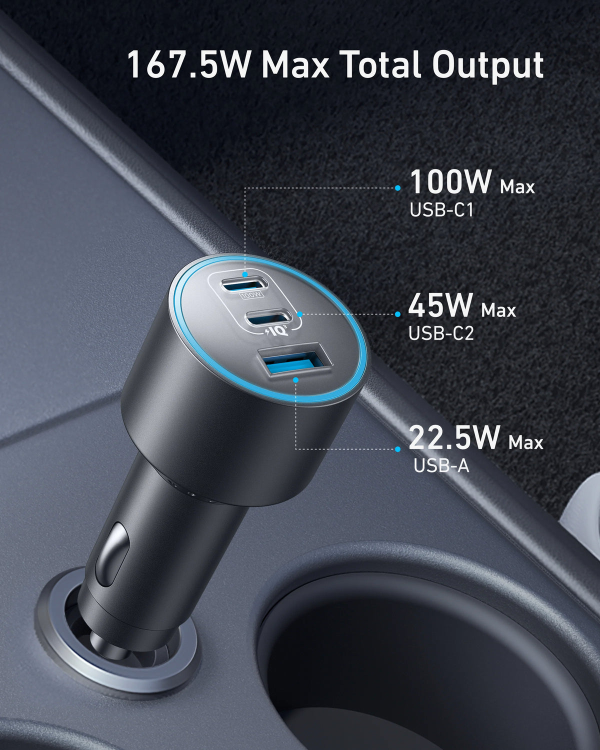 Anker 167W Max 3-Port USB-C Fast Car Charger