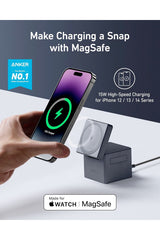 Bhagwati Anker 3-in-1 Cube MagSafe Charging Station with space for iPhone, Apple Watch, and AirPods on a wooden desk